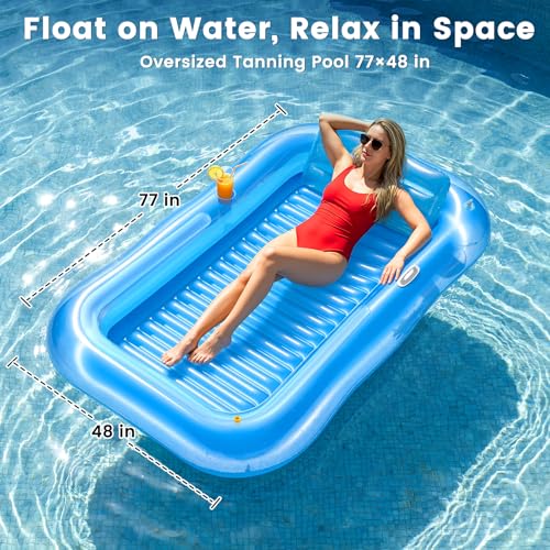 Inflatable Tanning Pool Lounger Float with Sprinkler, 77" x 48" XL Tanning Pool for Adults with Pillow & Cup Holder, 6 in 1 Suntan Tub Sunbathing Bed Pool Floats Adult for Backyard, Beach & Lake