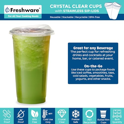 Freshware 24 oz Clear Disposable Plastic Cups with Strawless Sip Lids, 100 Pack Clear Plastic Tumblers, Heavy-duty Party Glasses, Disposable Cups for Thanksgiving, Halloween, Christmas Party