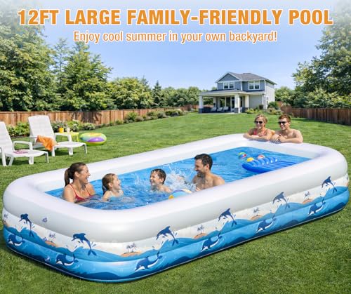 Extra Large Inflatable Pool with Lights - 145" x 74" x 22" Swimming Pool for Adults with Solar Powered, Blow Up Pool for Backyard (Air Pump Not Included)