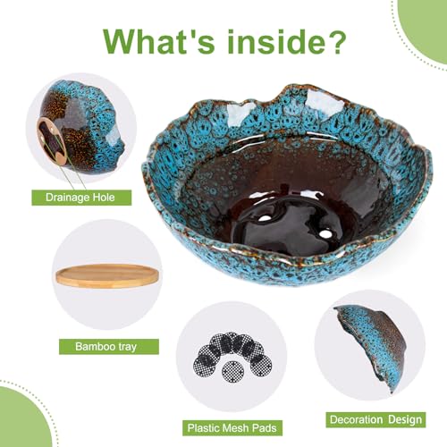 ARTKETTY Bonsai Pots - 9.06 Inch Large Plant Pots, Unique Succulent Pots with Drainage Tray, Ceramic Planters for Indoor Cactus Flower Plants Round Bonsai Tree Pots Decorative Home Office