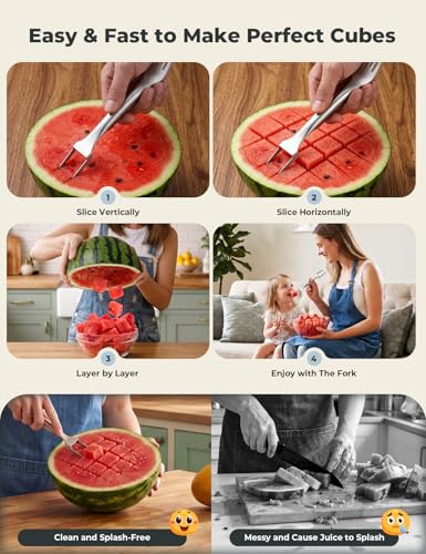 CripsTaste Watermelon Fork Cutter Slicer Tool, 2-in-1 Stainless Steel Fruit Cutter Melon Slicer Cutter Tool, Watermelon Cutting Tool for Home Party Camping Kitchen Gadget