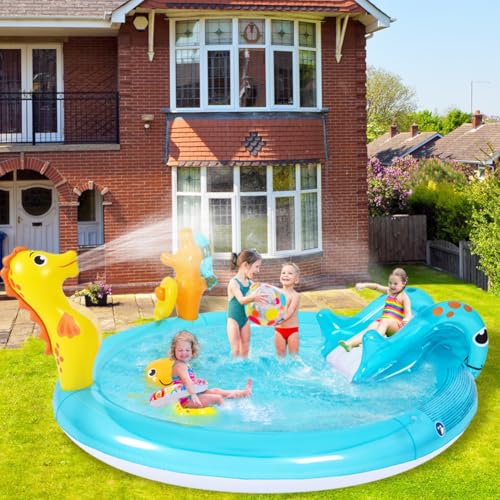 Sea Animal Inflatable Kids Pool with Slide and Sprinkler, Inflatable Play Center with Rings & Animal Figures, 78"x59.5"x15.5" Kiddie Pool for Summer Outdoor Backyard
