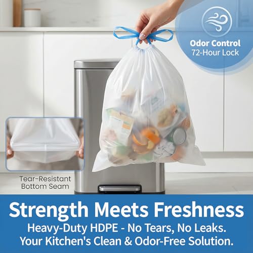 10 Gallon Trash Bags with Drawstring - 120 Count Heavy Duty 1.2 Mil Garbage Bags 38 Liter Unscented White Kitchen Bin Liners for Home & Office