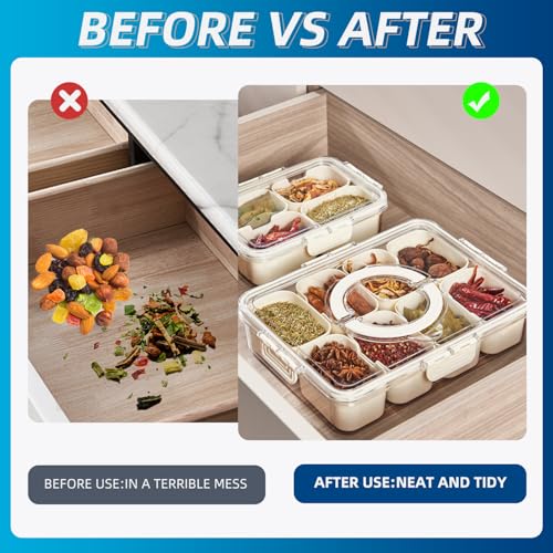Pure Future Air-Tight Snackle Box Container –Divided Serving Tray with Lid & Handle–Clear Snack box for Fruits, Candy & Nuts–Portable for Travel & Daily Use (8 Inside Containers Dishwasher Safe)