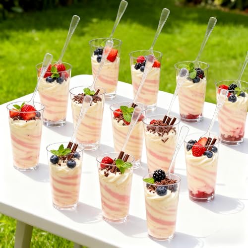 Peohud 100 Pack 3oz Plastic Dessert Cups with Spoons, Mini Dessert Shooter Cups, Disposable Parfait Appetizer Cups Shot Glasses for Desserts, Pudding, Event and Party