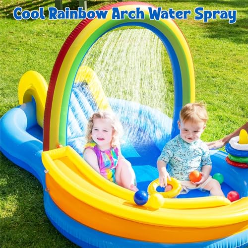 Inflatable Swimming Pool with Water Slide, Inflatable Play Center with Spray Water, Toss Ring, Ball for Outdoor Backyard Garden Water Park