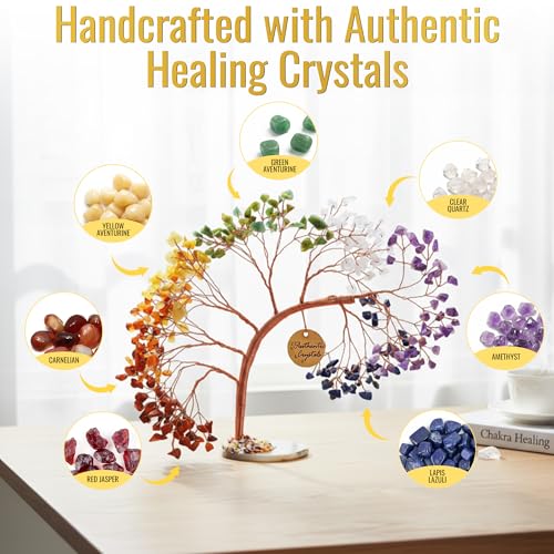ANAYA AGATE 7 Chakra Crystal Tree of Life – Handmade Healing Gemstone Bonsai Trees for Home & Office Décor – Feng Shui Money Tree for Positive Energy, Good Luck & Spiritual for Women