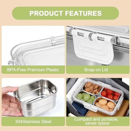 Snackle Box Container,Clear Divided Serving Snack Tray with 4 Removable Stainless Steel Containers for Fruit Veggie Candy,Snack Tray with Lid Leak-Proof for Wet/Dry Food-Perfect for Beach,Picnic