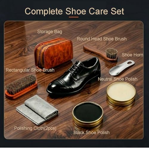 shoe care kit horsehair brush,long-handled round brush,white & black polish,polishing cloth,shoe horn,storage box.