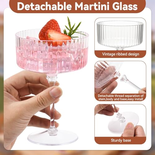 Set of 12 Plastic Martini Glasses, 10 oz Ribbed Coupe Glasses for Cocktails and Martinis, Disposable Espresso Martini Glasses. Ideal for Parties, Weddings, and Home Bars, Crystal Vintage Cups (Clear)