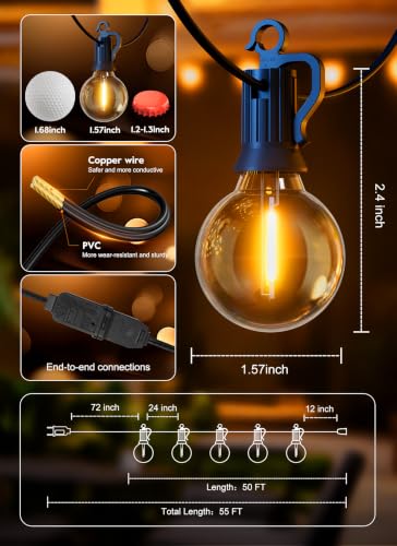 Outdoor String Lights, 55(50+5)FT 25 Bulbs IP65 Waterproof Patio Lights