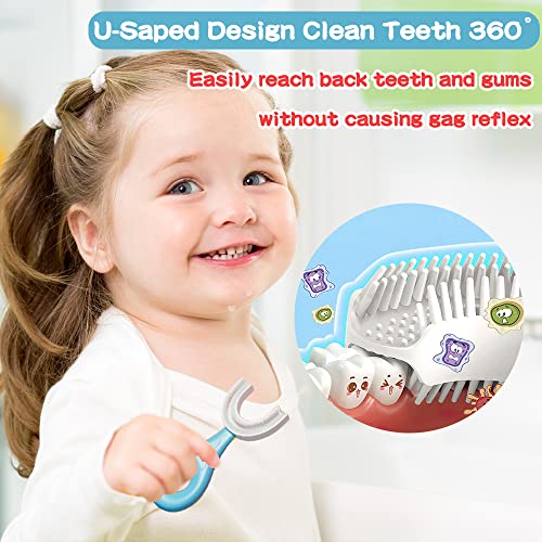 YOTEE U-Shaped Toothbrush Kids 2 PCS - Toddler Toothbrush with Food Grade Soft Silicone Brush Head, Manual Whole Mouth Tooth Brush for Kids Age 2-6(Blue+Pink)