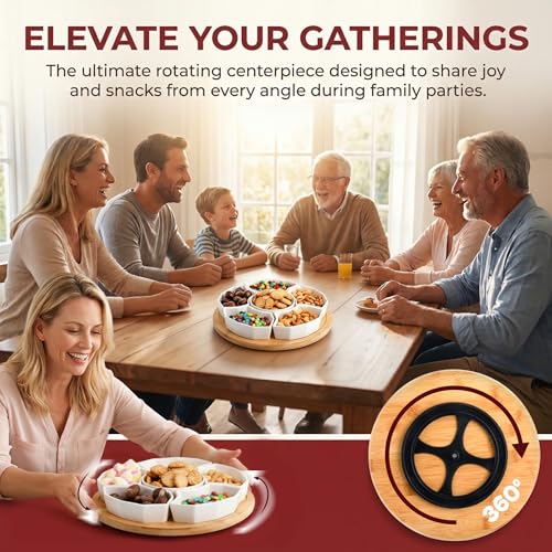 SOUJOY 11'' Lazy Susan Serving Tray, Porcelain 360° Rotatable Serving Tray and Platters, Removable Divided Serving Dishes, Party Relish Bowl for Chip, Dip, Veggies, Candy and Snack, Cheese, 7 Pieces