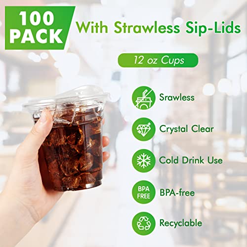 [100 PACK] 12 oz Clear Plastic Cups With Strawless Sip Lids, Disposable Plastic Cups With Sip Through Lids for Ice Coffee, Smoothie, Slurpee, or Any Cold Drinks