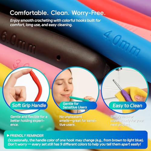 9PCS Ergonomic Crochet Hooks Set by Flickzo – Aluminum Crochet Hook Set with Soft Silicone Handles (2-6mm), Crochet Kit for Beginners with Crochet Tools & Knitting Accessories