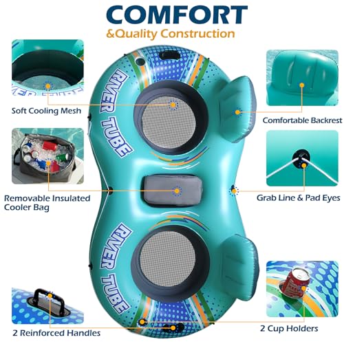 Jasonwell Heavy Duty 2 Person Inflatable River/Pool Tube Float with Removable Cooler, Tubes for Lake, Floating River Raft Lounge Floatie with 2 cup Holders For Adults, Cyan