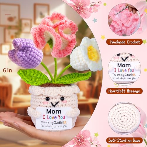 Mothers Day Mom Gifts for Mom, Gifts for Moms from Daughter Son, Mother's Day Birthday Gift for Moms Mother in Law Step Mama, Cute Handmade Crochet 3 Flowers Pot Doll I Love You Present for Mum