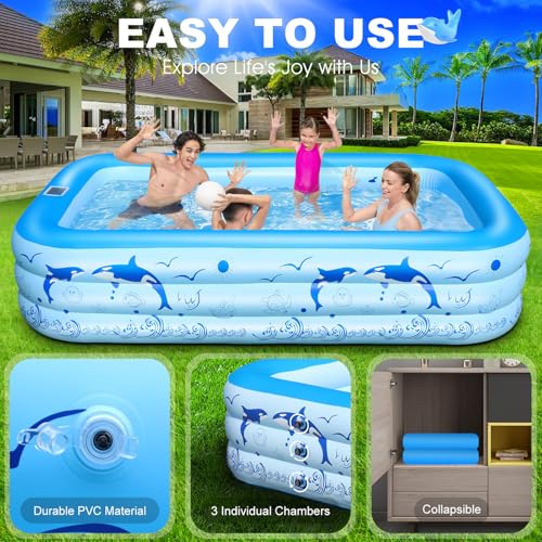 StarOcean 2026 Upgrade Inflatable Pool with Lights, Family Inflatable Swimming Pool for Kids,Adults,Blow Up Pool Solar Powered,Large Kiddie Pool,100"x63"x20"Oversized Thickened Pool for Backyard-Blue