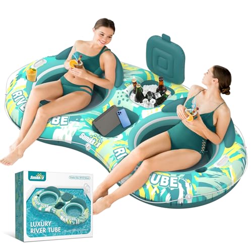 Sunikko X 5-in-1 Pool Floats Adult Heavy Duty River Tube, 2 Person Water Lounge Tanning Pool with Backrests, Built-in Cooler, Cup Holders, Deluxe Pool Toys for Summer Relaxation