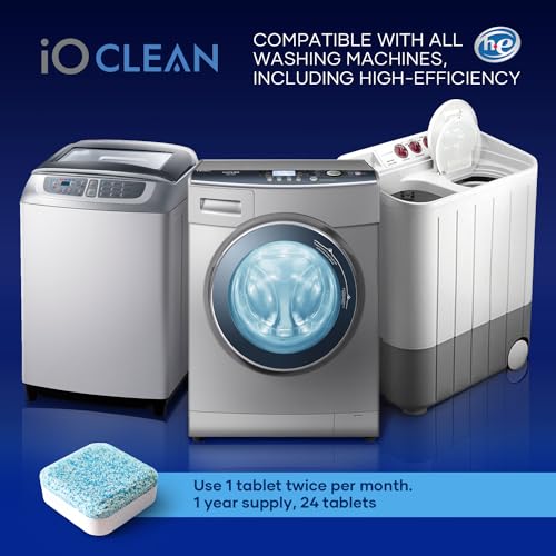 iO CLEAN Washing Machine Cleaner Descaler Tablets, 24 Count (1 Year Supply) – Deep Clean Washer Cleaner Tablets for HE Front Load & Top Load – Unscented Washing Machine Descaler for Odor Control