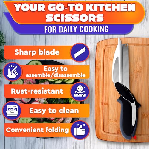 2 in 1 Kitchen Scissors for Food – Stainless Steel Blade & Plastic Cutting Board Scissors with Safety Lock | 9.5" Tomato Knife, Fruit & Vegetable Cutter – Easy-to-Use Kitchen Shears for Meat, Cheese