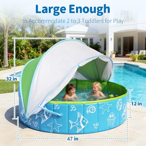 47.3"‌ Foldable Baby Pool with Canopy, Hard Plastic Pool Suitable for Kids Toddler Kiddie, Designed for Use in Backyard, Beach, Park, Blue and Green(No Sprayer)