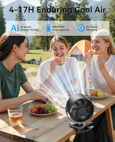 KIMMOO Portable Clip on Fan, 100-Speed Rechargeable USB Fan with LED Display, 360° Rotation & Strong Airflow Desk Fan, Up to 17 Hours Small Battery Fan for Outdoor Travel Camping Treadmill Car (Black)