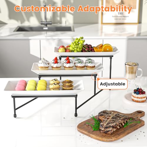 3 Tier Serving Tray for Party, 12.8"x7.5" BPA Free Food Grade Shatterproof Tiered Serving Platters with Steel Stand, Collapsible Dessert Display for Wedding, Graduation, BBQ, Holiday Events, Black