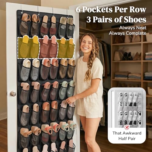 48 Pockets Over the Door Shoe Organizer, Fits Women's Shoes Up to US Size 9, 6-Column Heavy Duty Shoe Storage for Sneakers & Heels