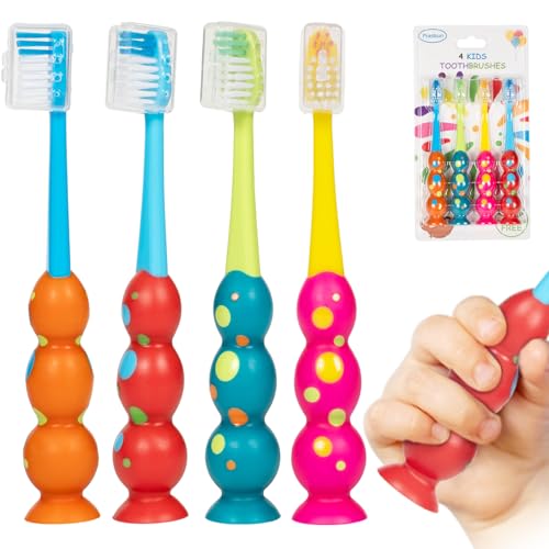 Toddler Toothbrush - Kids Toothbrush Soft Bristles with Suction Cup for Easy Storage, for Age 2-4 and Older, Pack of 4