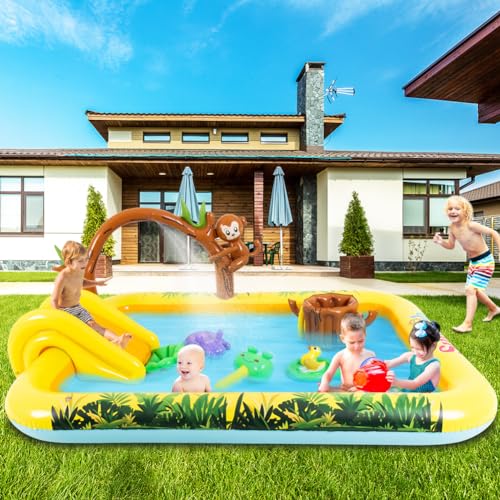 Inflatable Jungle Animal Play Center Outdoor Playhouse Inflatable Water Park with Kid Pool Slide, Sprinkler Toy with Base Pool, Monkey, Tree Stump for Garden Backyard