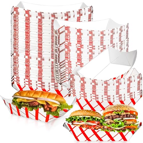 100 Pack 3lb Paper Food Trays,Disposable Greaseproof Kraft Checkered Carnival Food Serving Take Out Basket Tray Boat for Snacks Fries Nachos Popcorn Hot Dogs Carnival Wedding Party Picnic
