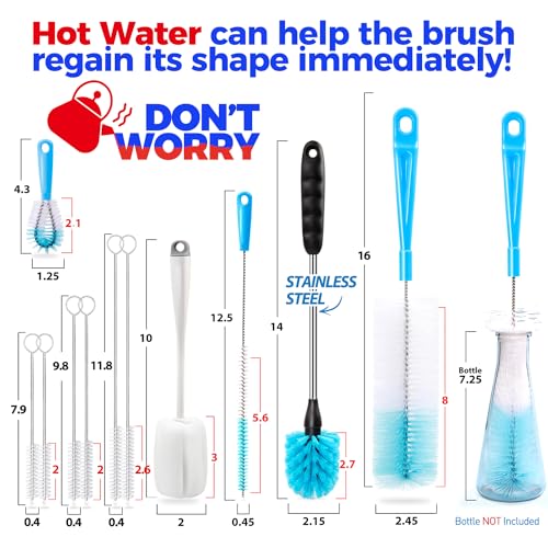 Holikme Bottle Brush Tube Cleaning Lab Set with Long Handle, Cup Cleaner for Washing Narrow Neck Beer Wine Decanter Pipes Lids Sinks Cap Covers, White