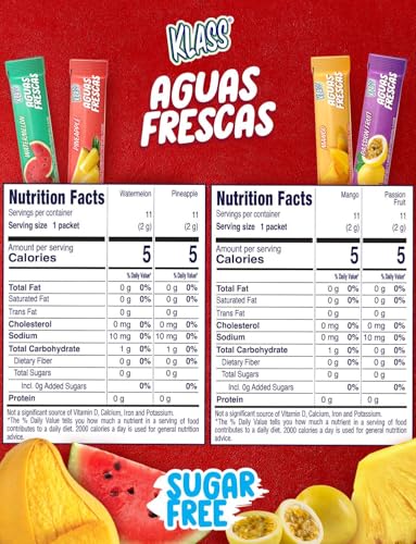 Klass Aguas Frescas, Powdered Drink Mix Variety Pack, 44 Singles Zero Sugar & Caffeine-Free Powder Packets, Water Drink Mix, Flavors: Mango, Watermelon, Pineapple & Passionfruit - 5 Calories Per Packet & Natural Flavors