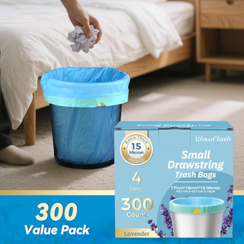 300 Count 15 Micron Extra Thick 4 Gallon Drawstring Small Trash Bags, Sturdy & Tear-Resistant Small Garbage Bags for Bathroom, Office, Bedroom & Kitchen