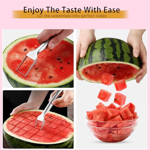 Watermelon Fork Slicer Cutter, Stainless Steel 2-in-1, Portable Watermelon Fork Watermelon Cutter Slicer Tool Fruit Forks Slicer for Home Party Camping Kitchen Gadget
