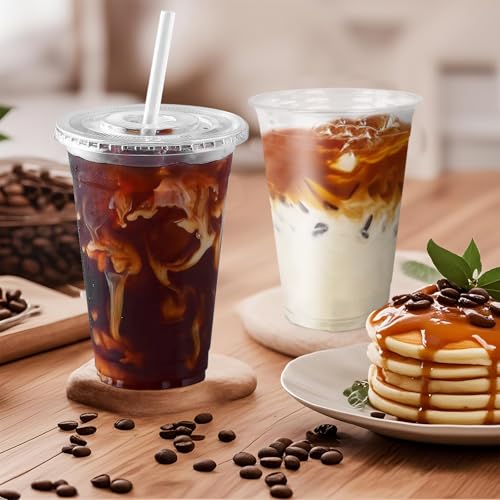 Ginkgo 100-Pack 20oz Clear Plastic Iced Coffee Cups with Lids and Straws, Leak-Proof & Sturdy Disposable To Go Cups for Smoothies, Milkshake, Cold Beverages, Coffee Bar Accessories