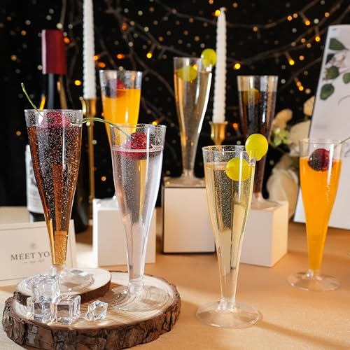 Bestluck 100 Pack Champagne Flutes Plastic, 4.5 oz Silver Glitter Plastic Disposable Stemware, Disposable Champagne Flutes for Party, Mimosa Bar, Wedding, Anniversary and Graduation