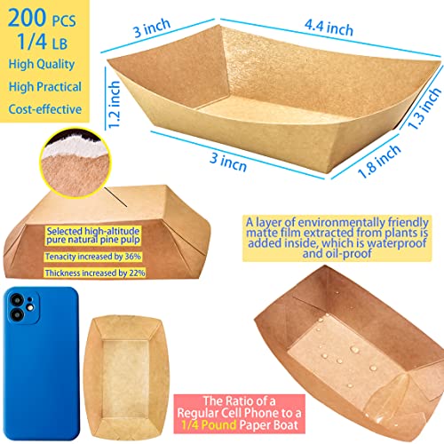 200 Pack Small Paper Food Trays, 0.25 Lb Disposable Kraft Food Boats, Brown, Take Out Food Serving Trays, Grease Resistant Food Boat for Party Snacks Hot Dogs Tacos, 4.1 x 2.5 Inch (Brown)
