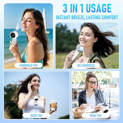 PlayHot Upgraded Portable Handheld Fan with 60°F Ice Cooling, Up tp 12Hrs Personal Fans Portable Rechargeable, 5 Speed 25550RPM Powerful Portables Fan Handheld, Hand/Neck/Desk Fan 3 IN 1(White)