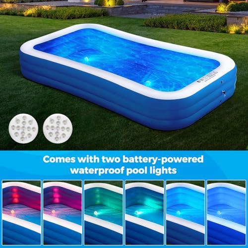 Inflatable Swimming Pool with Pool Lights, 130" x 72" x 22" Full-Sized Large Inflatable Family Pool, Summer Water Party, Outdoor, Garden Backyard, Suitable for Adults