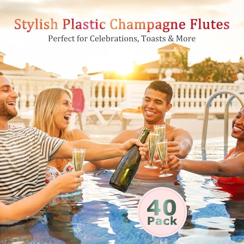 Lazyshine Plastic Champagne Flutes Disposable Wine Glasses - 40 Pack 4.5Oz Clear Mimosa Cocktail Cups Bulk for Wedding Back to School Party Supplies Engagement Decor, Copas De Plastico Para Brindis