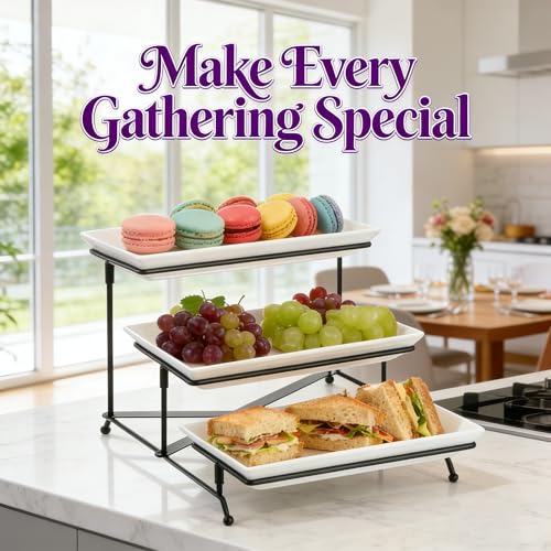 3 Tier Serving Tray, 12" White Plastic Tiered Food Serving Platters, Reusable Tray Stand Black Collapsible Metal Stand with Stable Cross Bars, Party Display Stands for Veggie Fruit, Dessert