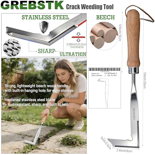 GREBSTK Crack Weeder Crevice Weeding Tool Stainless Steel Manual Weeder Beech Handle Gardening Tool