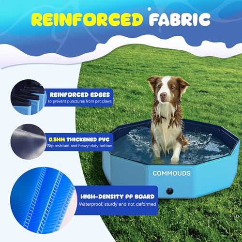 COMMOUDS Foldable Dog Pool for Large Dogs, Hard Plastic Dog Kiddie Swimming Pool, Collapsible Pet Bath Tub Wading Pools for Kids and Puppy Small Medium Dogs(63inch.D x 12inch.H)