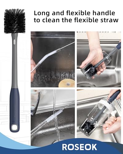 2 in 1 Long Handle Bottle Brush with Straw Brush for Cleaning Glass, Sports Bottle, Coffee Mug, Gray, 1 Pack