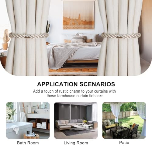 Magnetic Curtain Tiebacks, 4pcs Modern Handmade Rope Curtain Tie Backs Decorative Curtain Holdbacks Holders Cord for Window Sheer Drapes Indoor Outdoor, Beige