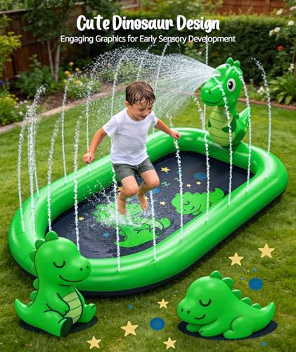 Splash Pad for Toddlers 1-3, Dinosaur Baby Pool & Water Mat for Kids, Inflatable Splash Pad Water Toys Sprinkler Outdoor Kids Pool for Toddlers, 1 Year Old Boy Birthday Gifts
