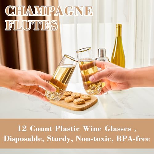 N9R 12PCS Plastic Champagne Flutes, 9 oz Stemless Disposable Gold Rim Toasting Glasses, Crystal Clear Cocktail Cups Drinkware Shatterproof Ideal for Party Wedding Birthday