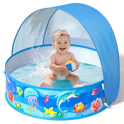 Baby Pool with Canopy Foldable Kiddie Pool with Sun Shade Pools for Toddlers Baby Beach Essentials Pop Up Tent Swimming Wading Pools Portable Summer Water Play for Indoor Outdoor Beach Backyards